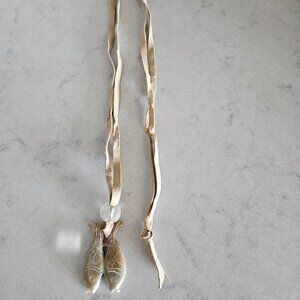 ASIAN NATURAL GREEN & BROWN JADEITE TWO-SIDED FISH PENDANT WITH CHAMOIS NECKLACE